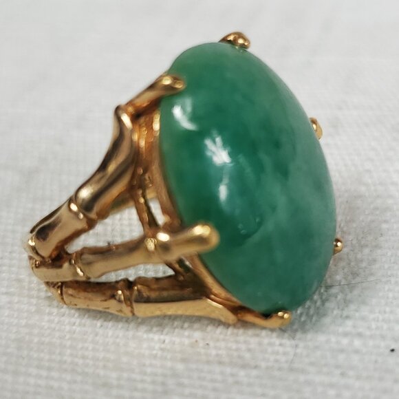 Beautiful Vintage Unique Polished Brass Bamboo Cardinal Oval Jade Stone Ring - Picture 1 of 7
